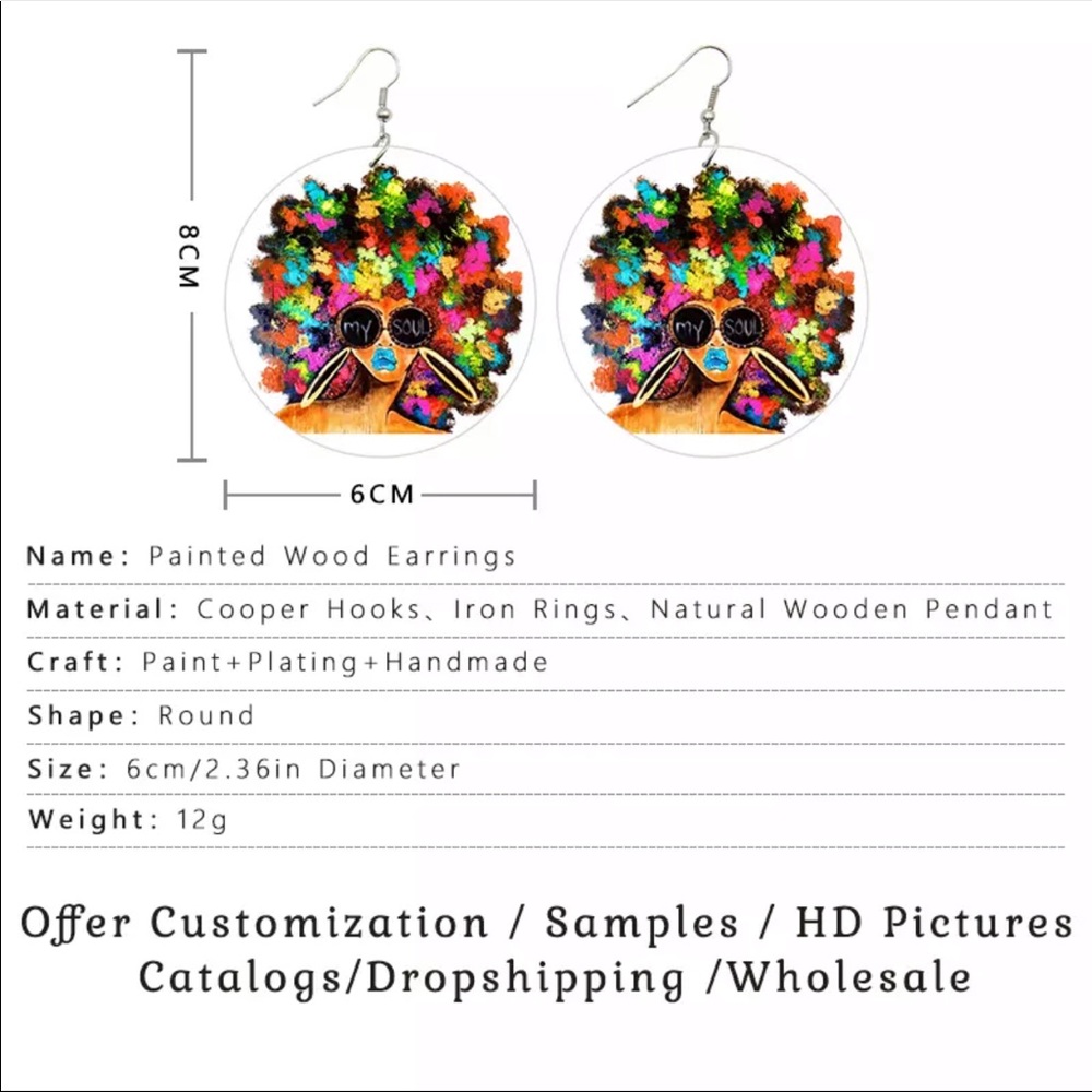 Colorful Afro Natural Hair Painted Wood Earrings - Picture 3 of 3